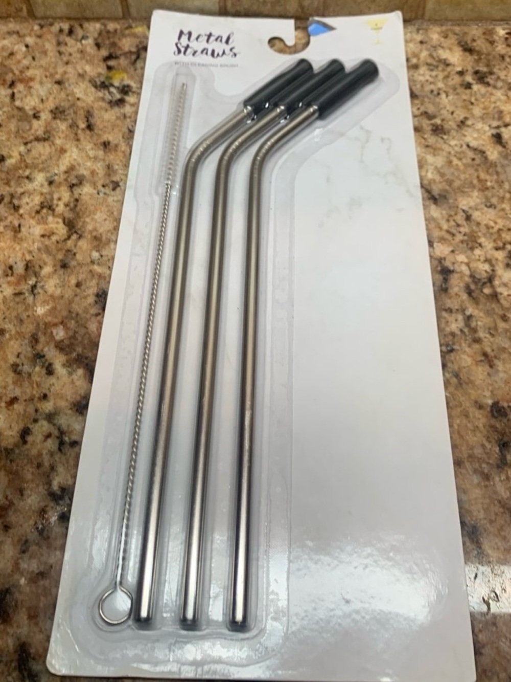 New! Metal Straws with black silicone tips and a cleaning brush. Quantity: Three